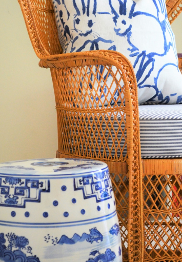Featured in Classic Bride Blog the Pillow Loft designed a custom blue & white stripped seat cushion for bohemian chair