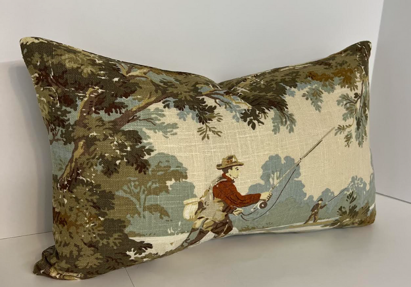 Decorative Pillow Cover in Vintage Tolie Fishing Fabric