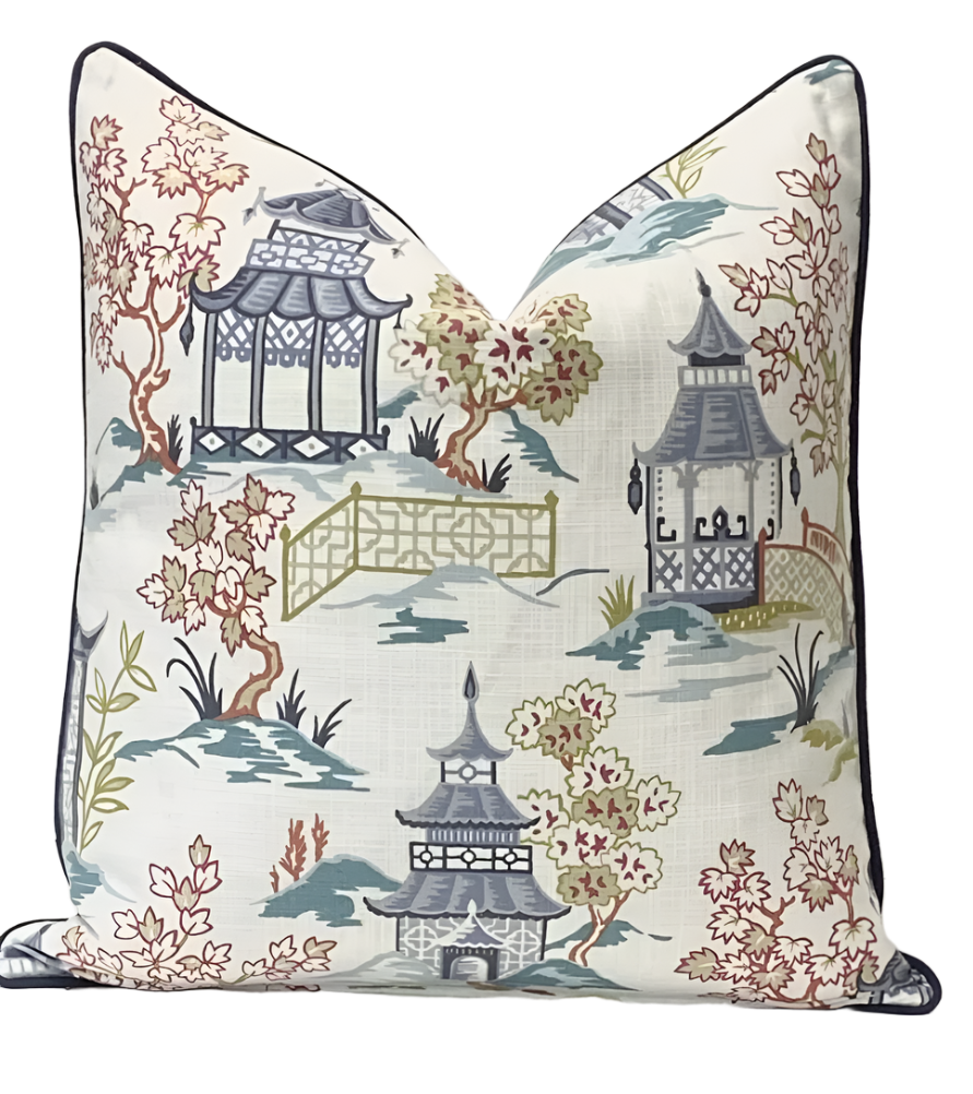 Chinoiserie Pillow Cover in Toile Pagoda Fabric Decorative Pillow Cover